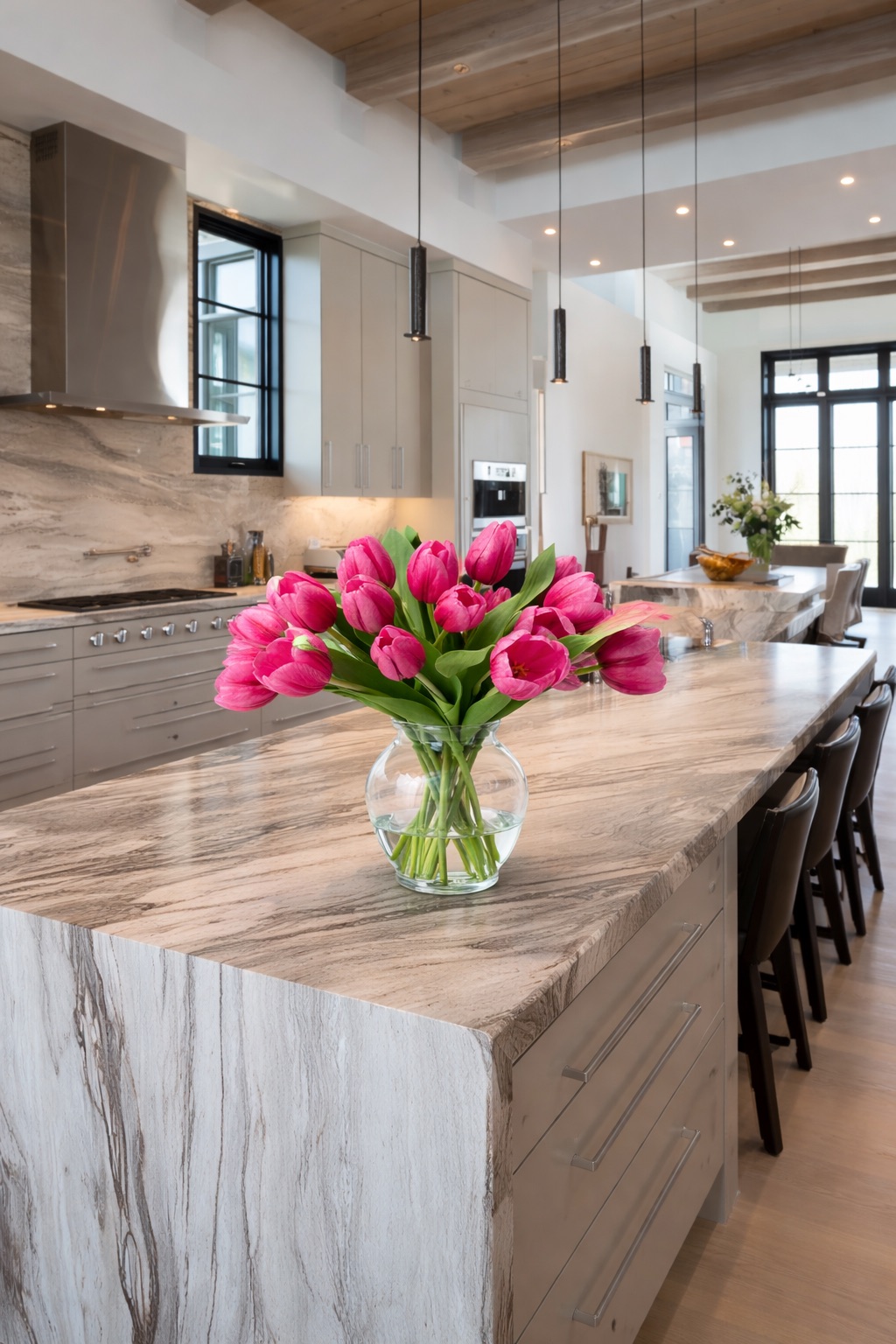 Garden Tulip bouquet brightening a kitchen counter